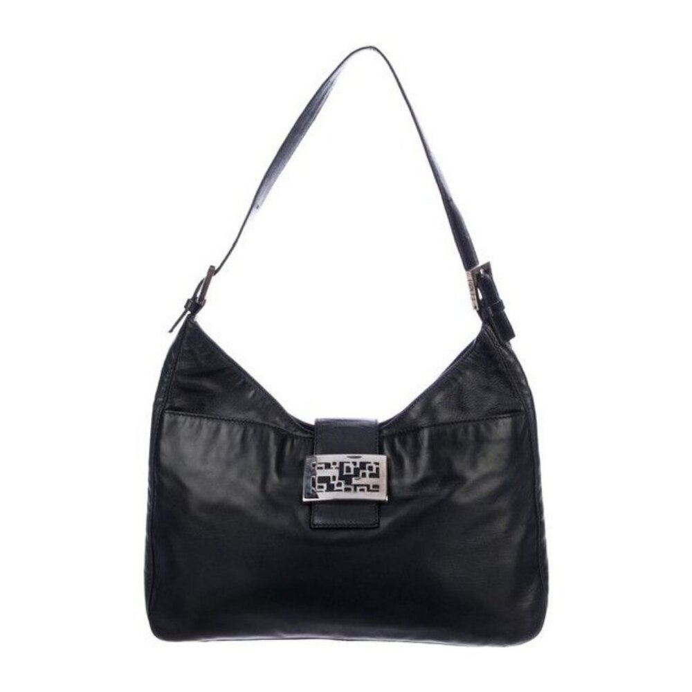Fendi Black Leather Shoulder Bag Hobo w V Shaped Style enamel FF Clasp Satchel
